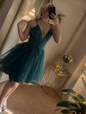 A-line V-neck Appliques Lace Short/Mini Tulle Corset Dress
