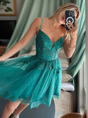 A-line V-neck Appliques Lace Short/Mini Tulle Corset Dress