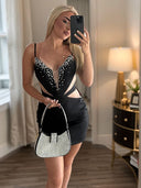 Sheath V-neck Rhinestone Short/Mini Silk Like Satin Dress