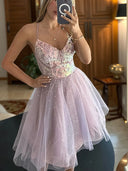 A-line V-neck Appliques Lace Short/Mini Tulle Corset Dress
