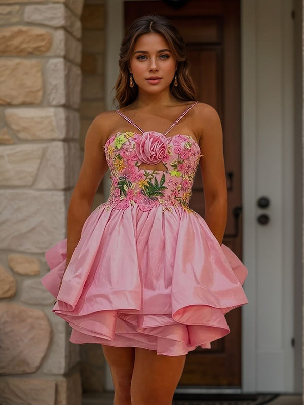 A-line Halter Appliques Lace Short/Mini Silk Like Satin Dress