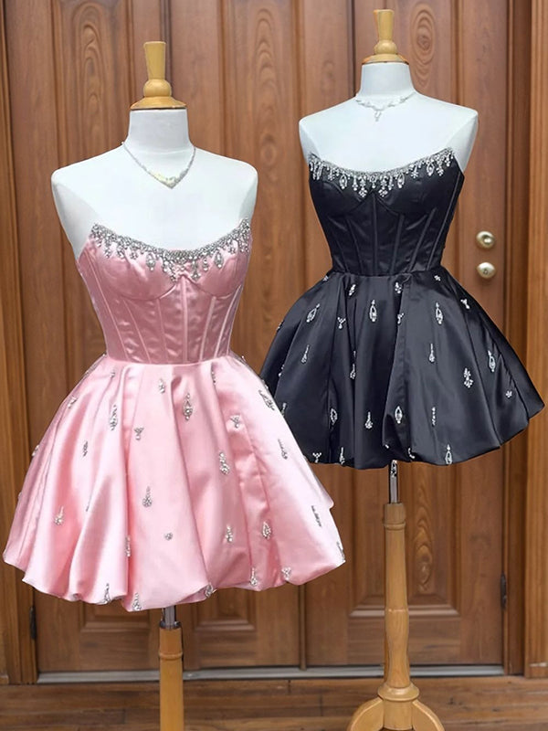 A-line Straight Rhinestone Short/Mini Satin Corset Dress