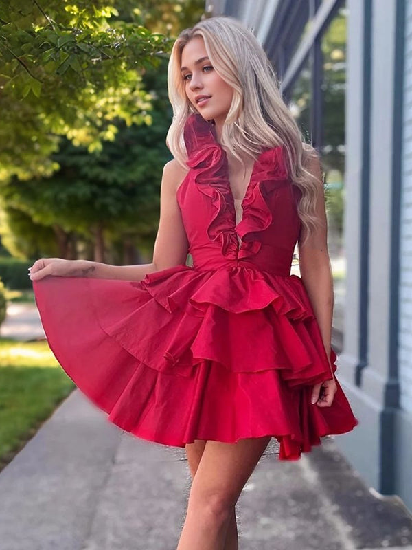 A-line V-neck Cascading Ruffles Short/Mini Taffeta Dress