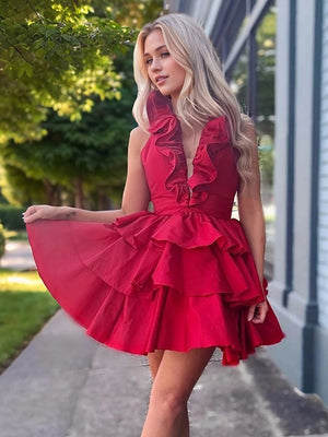 A-line V-neck Cascading Ruffles Short/Mini Taffeta Dress