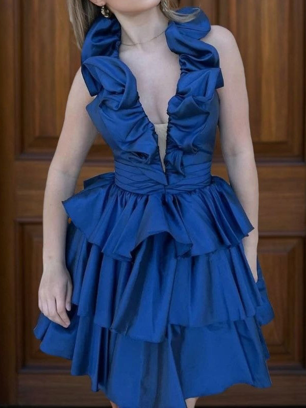A-line V-neck Cascading Ruffles Short/Mini Taffeta Dress
