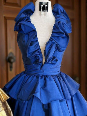 A-line V-neck Cascading Ruffles Short/Mini Taffeta Dress