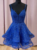 A-line V-neck Ruffles Short/Mini Lace Corset Dress
