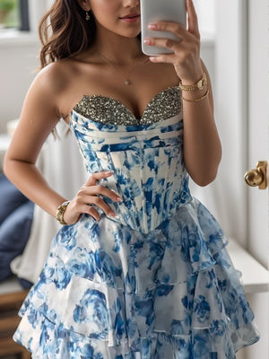 A-line Sweetheart Cascading Ruffles Short/Mini Corset Dress