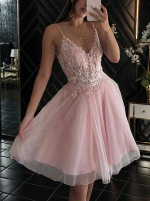 A-line V-neck Appliques Lace Short/Mini Tulle Corset Dress