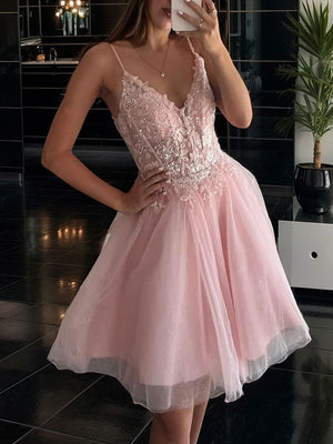 A-line V-neck Appliques Lace Short/Mini Tulle Corset Dress
