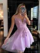 A-line V-neck Appliques Lace Short/Mini Tulle Corset Dress