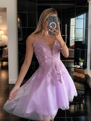 A-line V-neck Appliques Lace Short/Mini Tulle Corset Dress