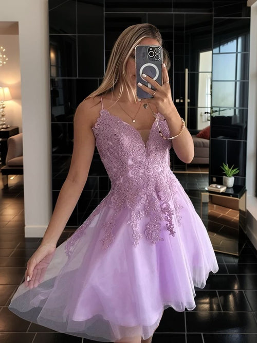 A-line V-neck Appliques Lace Short/Mini Tulle Corset Dress