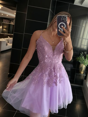 A-line V-neck Appliques Lace Short/Mini Tulle Corset Dress