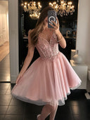A-line V-neck Appliques Lace Short/Mini Tulle Corset Dress