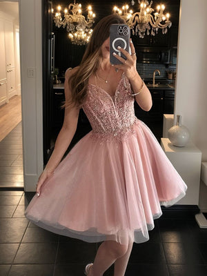 A-line V-neck Appliques Lace Short/Mini Tulle Corset Dress