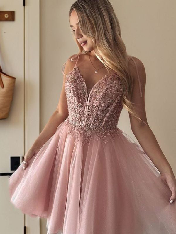A-line V-neck Appliques Lace Short/Mini Tulle Corset Dress