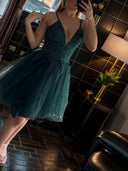 A-line V-neck Appliques Lace Short/Mini Tulle Corset Dress