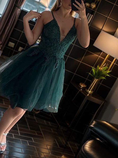 A-line V-neck Appliques Lace Short/Mini Tulle Corset Dress