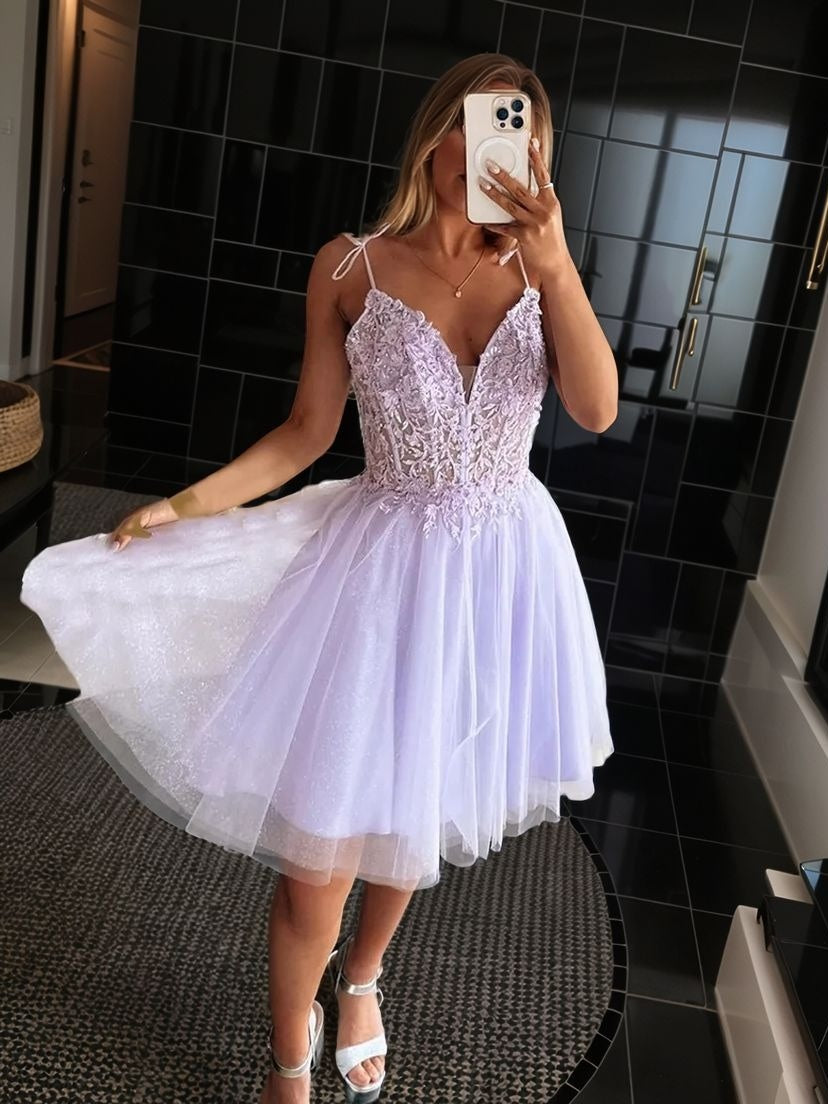 A-line V-neck Appliques Lace Short/Mini Tulle Corset Dress