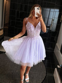 A-line V-neck Appliques Lace Short/Mini Tulle Corset Dress