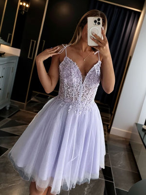 A-line V-neck Appliques Lace Short/Mini Tulle Corset Dress