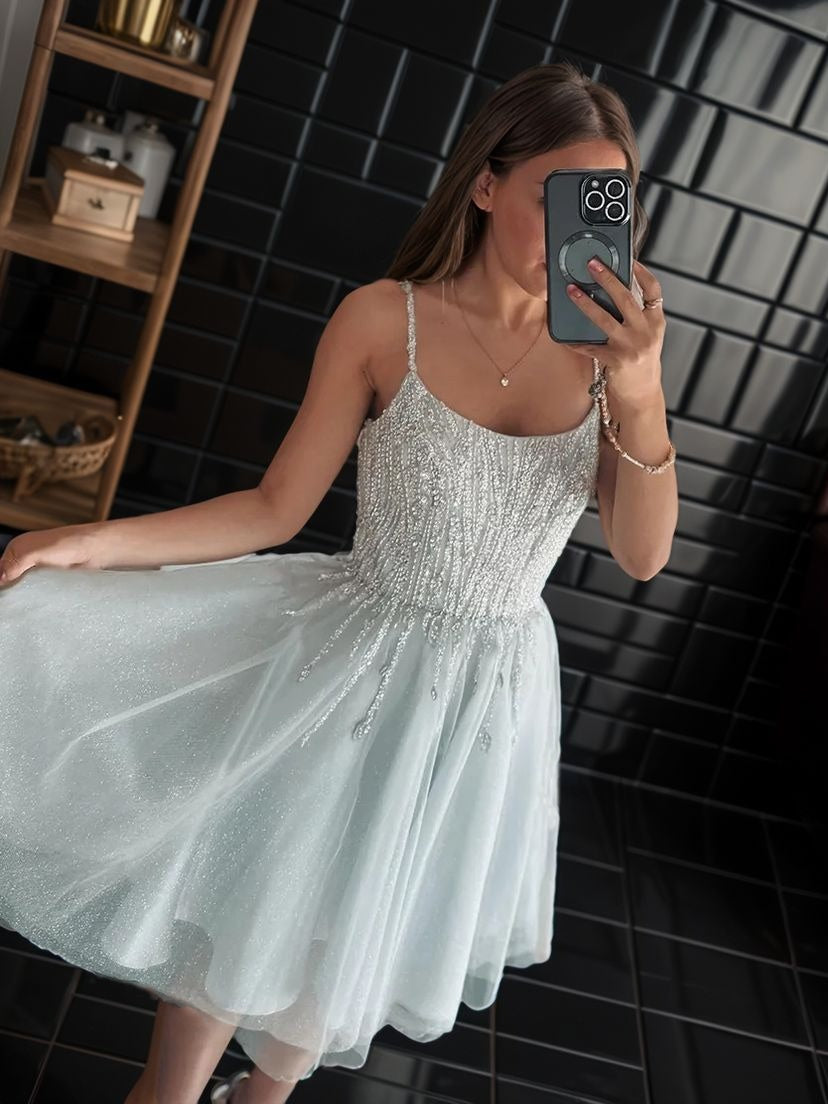 A-line Spaghetti Straps Ruffles Short/Mini Tulle Corset Dress