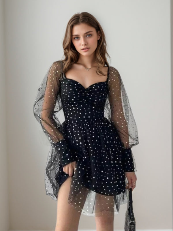 A-line Sweetheart Long Sleeves Ruffles Short/Mini Dress