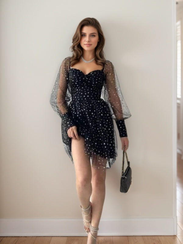A-line Sweetheart Long Sleeves Ruffles Short/Mini Dress
