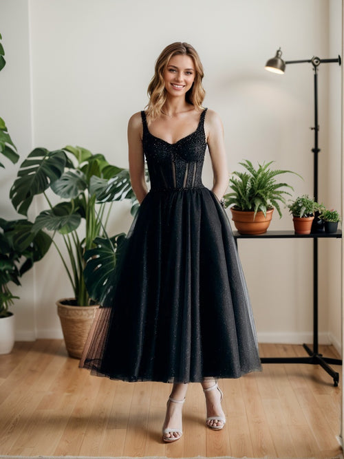 A-line V-neck Beading Tea-Length Tulle Corset Dress