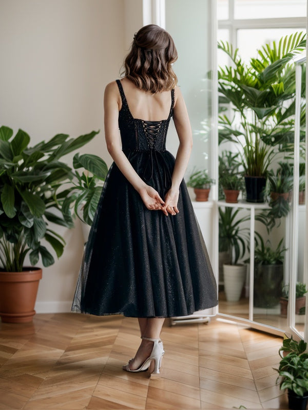 A-line V-neck Beading Tea-Length Tulle Corset Dress