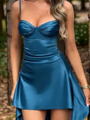 Sheath Spaghetti Straps Pleated Short/Mini Silk Like Satin Dress
