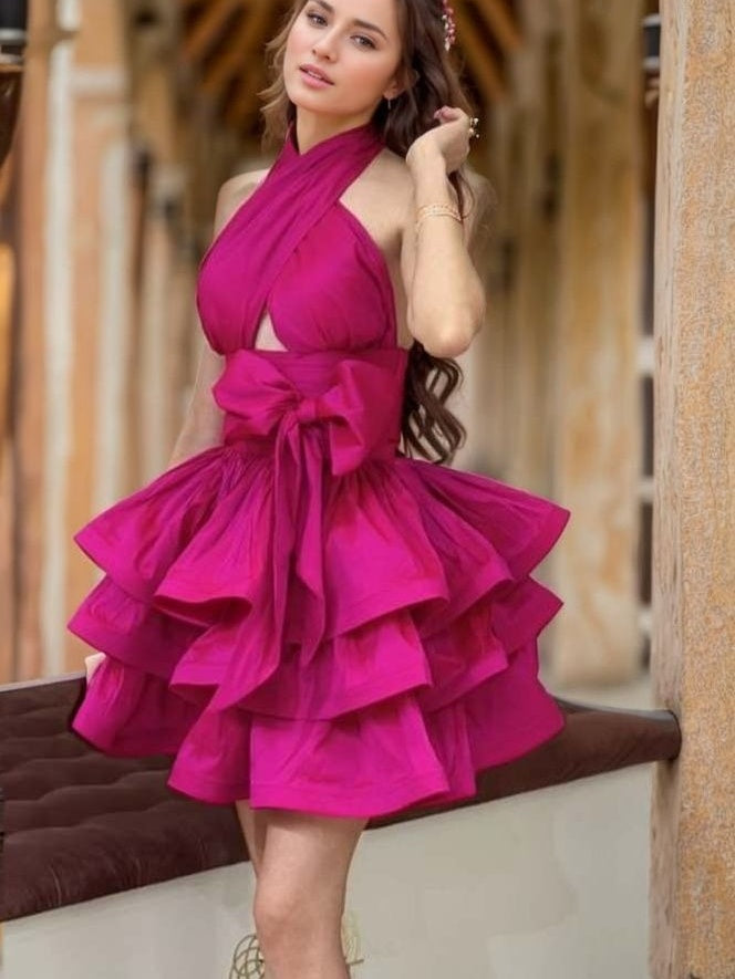 A-line Halter Cascading Ruffles Short/Mini Taffeta Dress