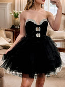 A-line Sweetheart Cascading Ruffles Short/Mini Tulle Corset Dress