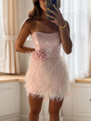 Sheath Straight Feathers/Fur Short/Mini Sequins Dress