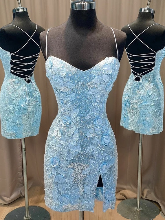 Sheath Spaghetti Straps Flower Short/Mini Sequins Dress