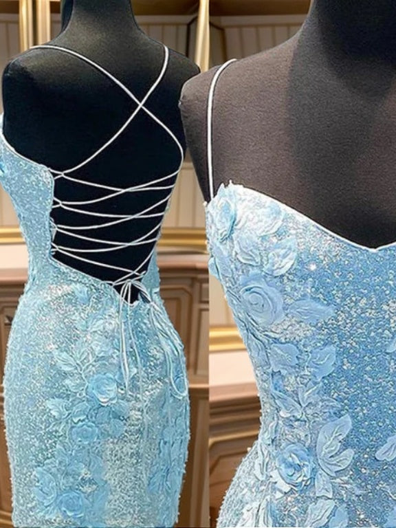 Sheath Spaghetti Straps Flower Short/Mini Sequins Dress