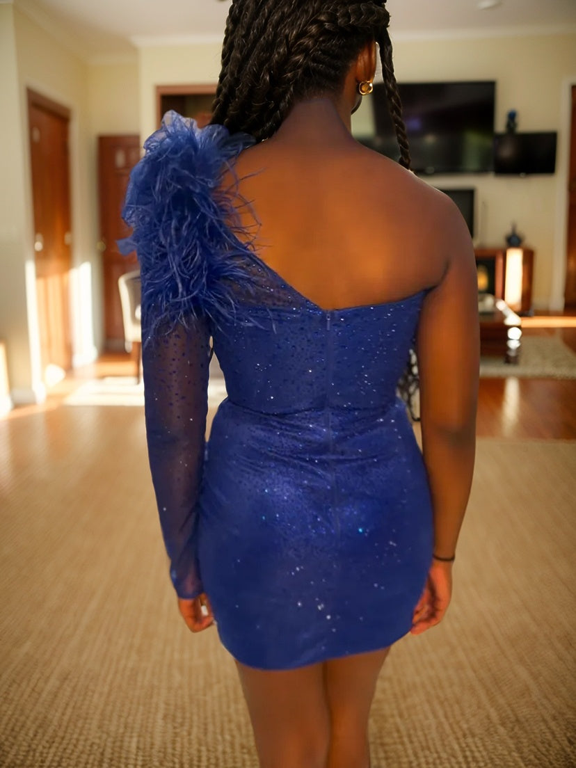Sheath One-Shoulder Long Sleeves Feathers/Fur Short/Mini Silk Like Satin Corset Dress