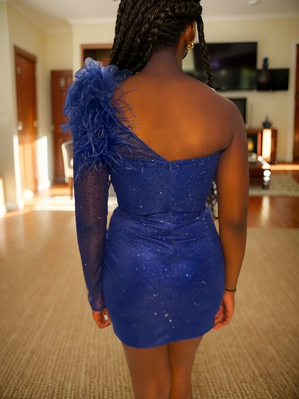 Sheath One-Shoulder Long Sleeves Feathers/Fur Short/Mini Silk Like Satin Corset Dress