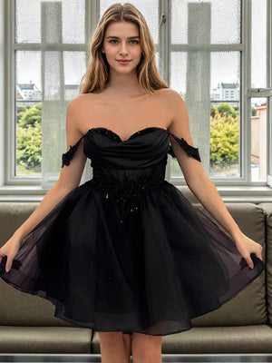A-line Off-the-Shoulder Ruffles Short/Mini Tulle Corset Dress