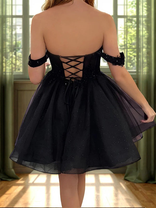 A-line Off-the-Shoulder Ruffles Short/Mini Tulle Corset Dress