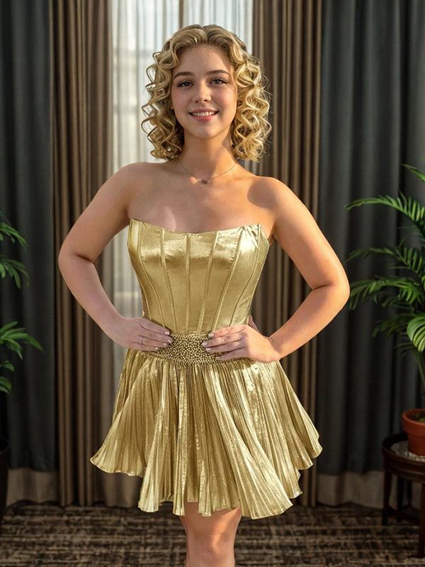 A-line Straight Ruffles Short/Mini Metallic Satin Corset Dress