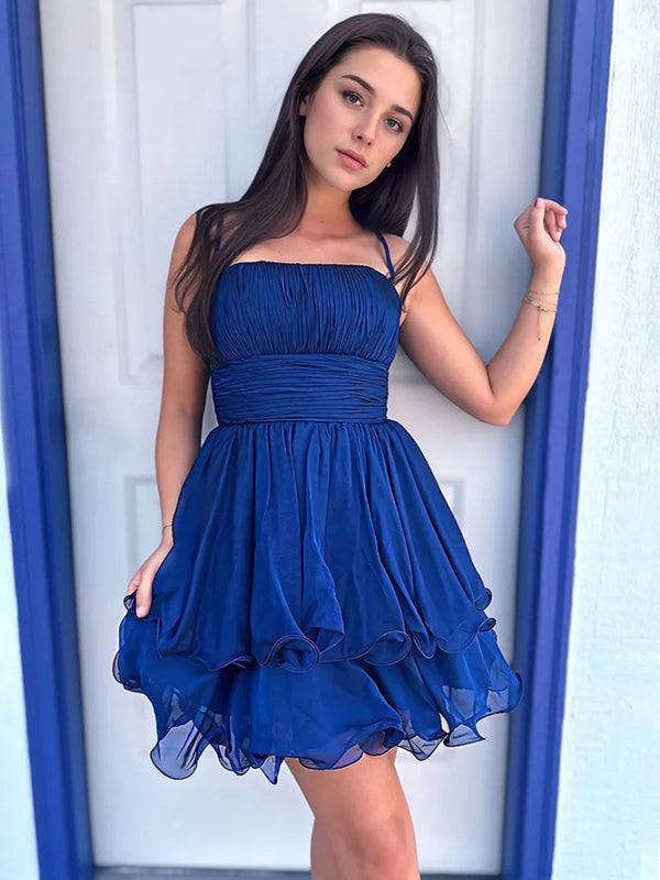 A-line Spaghetti Straps Ruffles Short/Mini Chiffon Corset Dress