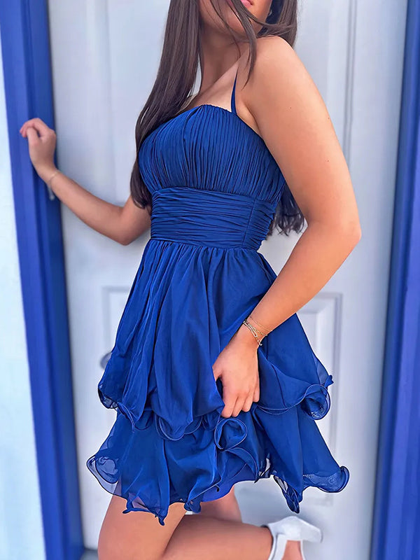 A-line Spaghetti Straps Ruffles Short/Mini Chiffon Corset Dress