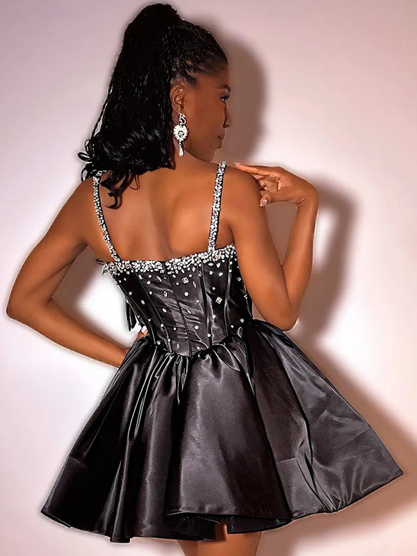 A-line V-neck Beading Short/Mini Silk Like Satin Corset Dress