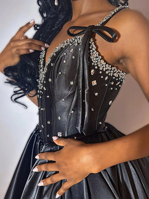 A-line V-neck Beading Short/Mini Silk Like Satin Corset Dress