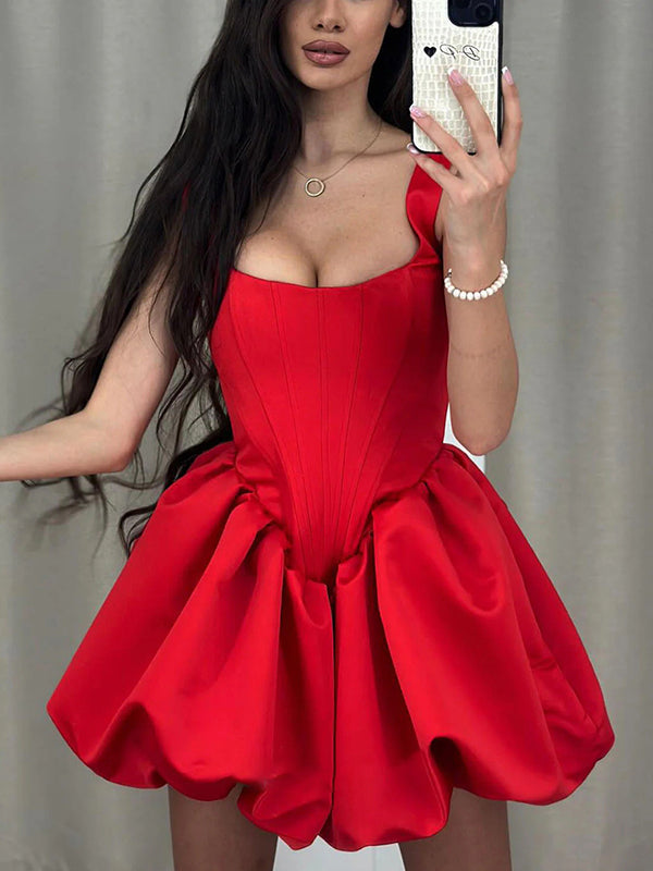 A-line Square Ruffles Short/Mini Satin Corset Dress