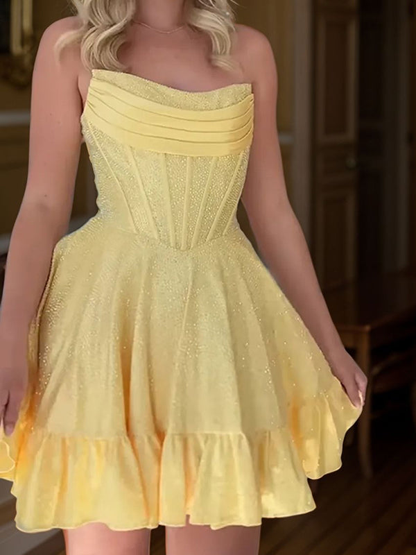 A-line Straight Ruffles Short/Mini Silk Like Satin Corset Dress