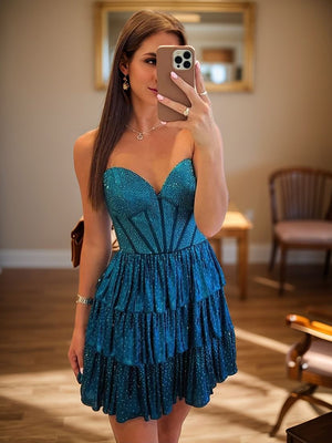 A-line Sweetheart Cascading Ruffles Short/Mini Corset Dress