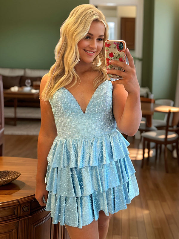 A-line V-neck Cascading Ruffles Short/Mini Corset Dress
